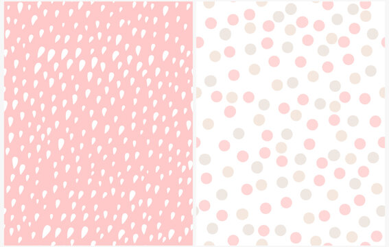 Fototapeta Cute Hand Drawn Abstract Irregular Geometric Vector Patterns. Gray and Pink Brush Polka Dots on a White Background. White Spots on a Blush Pink. Abstract Doodle Endless Print. Simple Dotted Pattern.