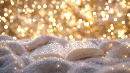 Naklejka premium Cozy Holiday Reading Nook with Glittering Decorations and Bokeh Lights in 3D Render Artwork for Relaxation and Festive Ambiance