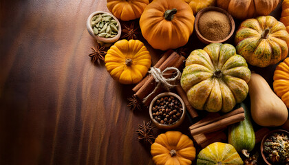 A warm autumn harvest scene featuring diverse gourds, nuts, and spices arranged artfully on a rustic surface. Perfect for showcasing seasonal themes and cozy, natural decor.