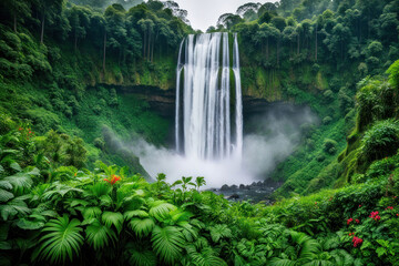Fototapeta premium Lush rainforest with a tall, powerful waterfall cascading down a cliff.