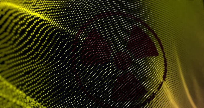 Nuclear radiation symbol flag waving pixel. Radioactive atomic danger symbol blowing banner cyber attack hack and security concept animation.