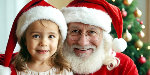Cute toddler girl, age 4-6, in Christmas outfit sitting on Santa Claus's lap, amazed, excited, nervous, and slightly scared in front of a Christmas tree.