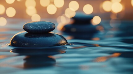 Zen stones balanced on water with bokeh lighting