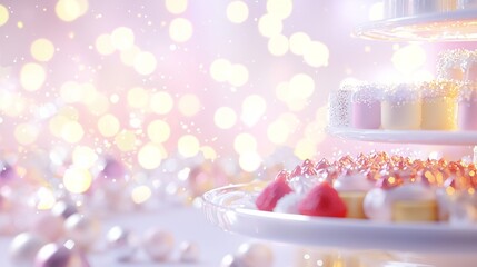 Glittering Dessert Bar at Festive Holiday Gathering with Twinkling Bokeh Lights - Ultra-Detailed 3D Render Digital Artwork