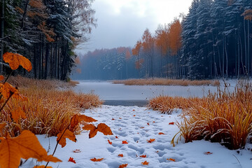 beautiful landscape of autumn nature covered with snow