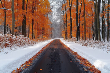 road through autumn forest covered with snow