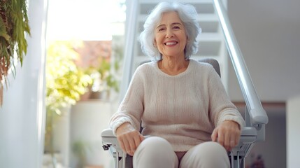 Happy older woman sitting on stair lift with copy space