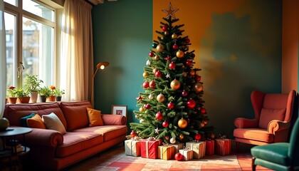 Eclectic home interior space with Christmas tree decorated in rich warm colors folk art style traditional contemporary design decorations