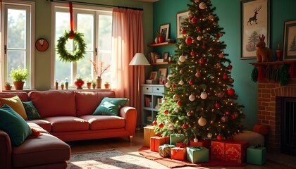 Eclectic home interior space with Christmas tree decorated in rich warm colors folk art style traditional contemporary design decorations