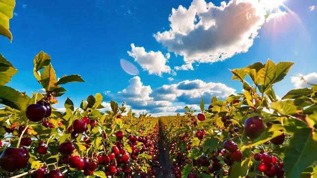 A field of red cherries with a blue sky in the background. The cherries are ripe and ready to be picked