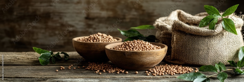 Aufkleber bowls and sacks overflow with colorful lentils, beans, and chickpeas, set against a rustic wooden ba