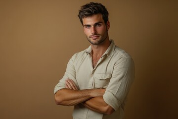 Fototapeta premium Confident Caucasian Male Standing Crossed Arms on Beige Backdrop in Studio Shoot