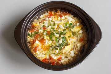 A very delicious soup meal. Made with eggs and chopped tomatoes, it's perfect for lunch.