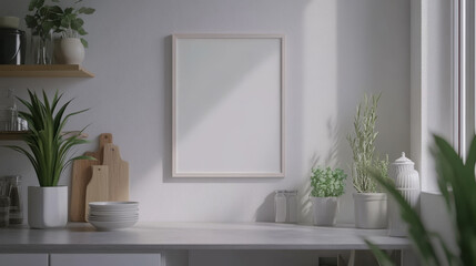 "Stock photo of a mock-up poster frame in a kitchen interior with grey wallpaper."






