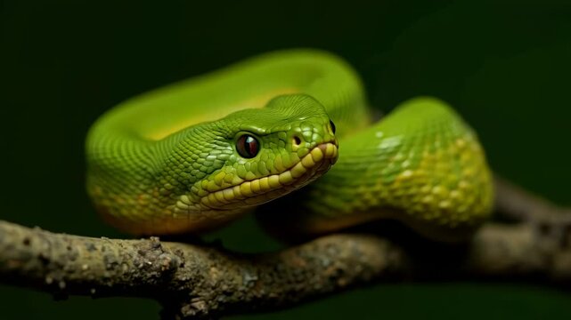 Close-Up of Green Tree Python on Branch in Natural Habitat