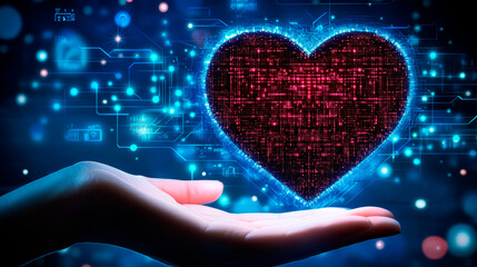 A hand holds a radiant digital shield protecting a vibrant heart, surrounded by locks and cybersecurity symbols, amidst a blue circuit pattern that symbolizes data security
