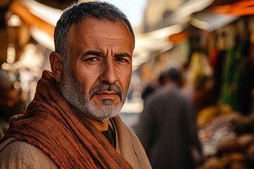 Fototapeta premium Middle-aged medieval merchant, serious expression, Middle Eastern appearance, traditional tunic, busy marketplace, afternoon sunlight, medium close-up 1