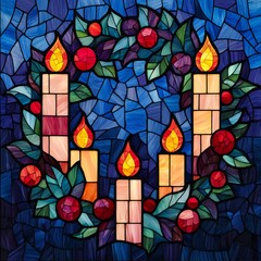 Festive Candles Holly Wreath in Stained Glass Style