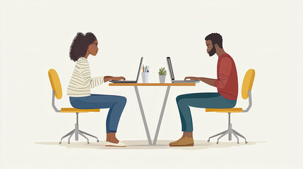 Two freelancers working on laptops at desk in coworking space