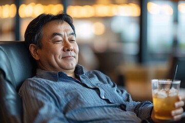 Middle-aged Asian man relaxing in airport lounge, reclining with peaceful expression, enjoying complimentary drink and snacks, warm tones, close-up 3