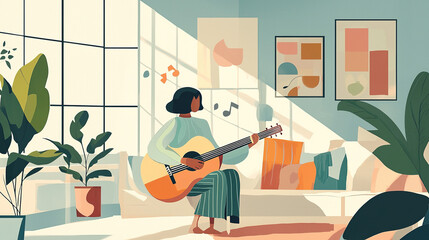 Woman playing acoustic guitar in sunny living room