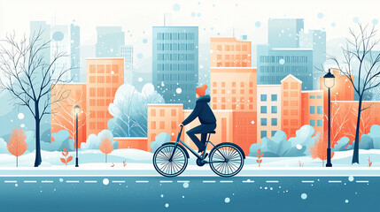 Woman riding bicycle in snowy city during winter time