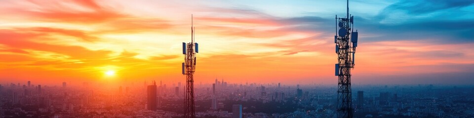 Silhouetted Telecommunication Towers Against a Fiery Sunset Sky in an Urban Skyline