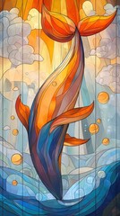 A vibrant mural depicting a colorful whale rising above waves, surrounded by abstract clouds and circles, showcasing artistic creativity and marine themes.