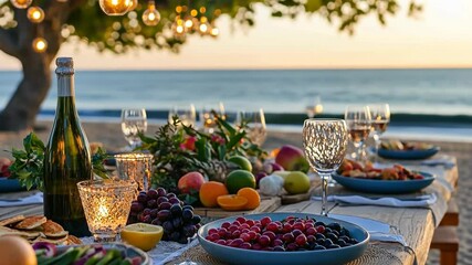 Sunset beach dinner with fresh fruit and sparkling drinks set up for a serene evening by the ocean