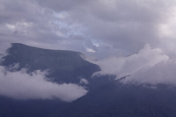 Misty mountains at dawn, shrouded in a soft veil, create a magical atmosphere of tranquility and mystery of nature