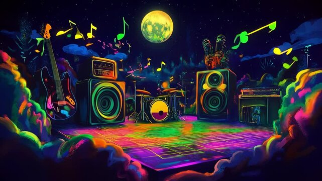 Music reggae scene featuring illuminated dance floor with vibrant colors. Musical notes air. Full moon and colorful lights illuminating. Bass guitar, drums, and electric guitar on background