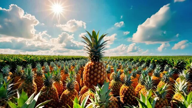 A field of pineapple plants with a single pineapple in the foreground. Concept of abundance and growth, as the pineapple plants are densely packed together