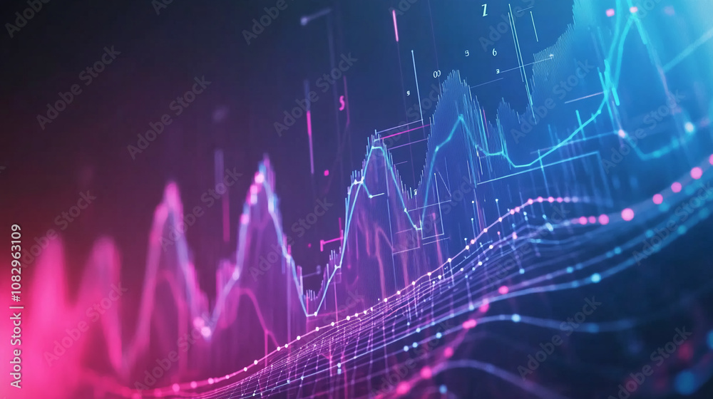 Poster a vibrant abstract financial data graph with neon pink and blue lines and digital effects, represent
