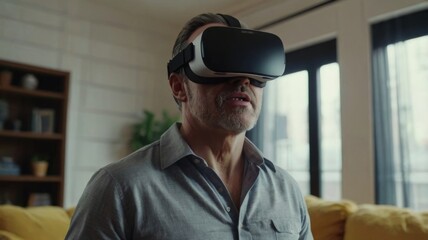 Adult man wearing VR virtual reality glasses playing on the sofa in the room