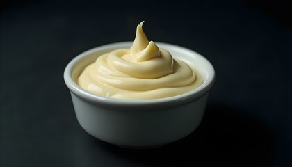 simple mayonnaise in a minimalist white ramekin, isolated on a rich black background, emphasizing the creamy consistency create with ai