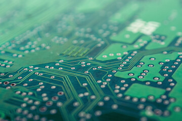 Close-up of a printed circuit board with chips, showing the complex connections and electronics...