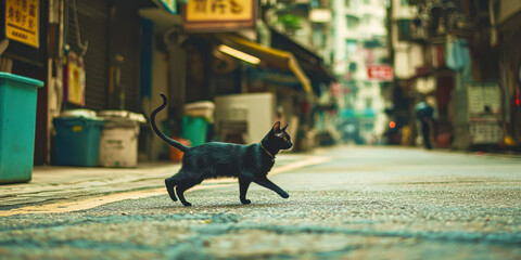 A black cat walks across a city street