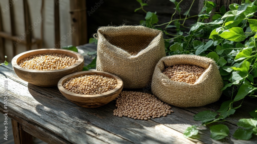 Poster bowls and sacks overflowing with lentils, beans, and chickpeas rest on a rustic wooden table, comple