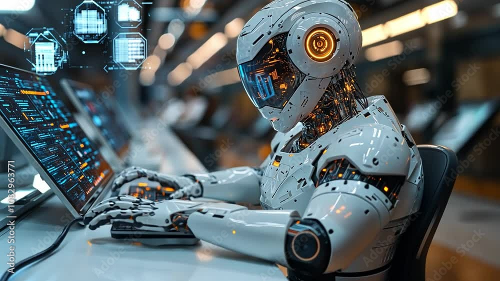 Aufkleber advanced robot working on a computer in a futuristic tech laboratory during a busy day
