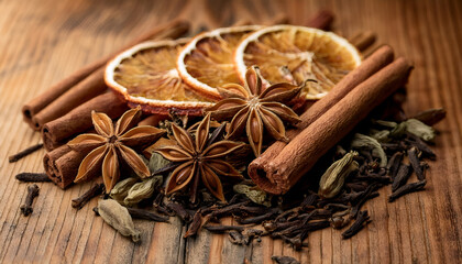 Fototapeta premium A rustic display featuring aromatic star anise, cinnamon sticks, and dried orange slices. Captures the essence of warmth, flavor, and natural ingredients, perfect for culinary and seasonal themes.