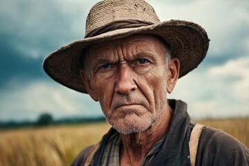 Fototapeta premium Elderly medieval farmer, wrinkled face, European descent, wearing simple clothes with earthy tones, working in a field under cloudy sky, close-up view 1