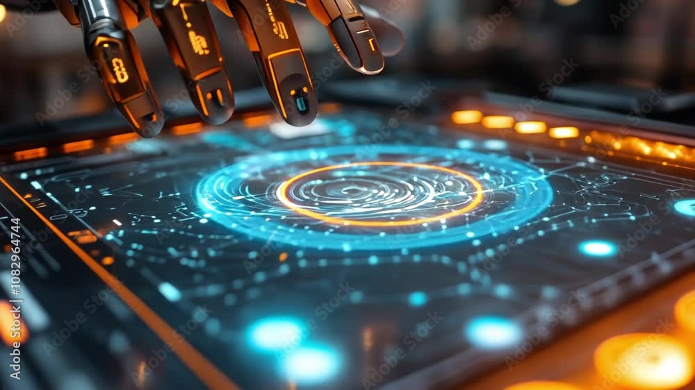 Poster a robotic hand interacts with a glowing touchscreen interface displaying swirling digital data