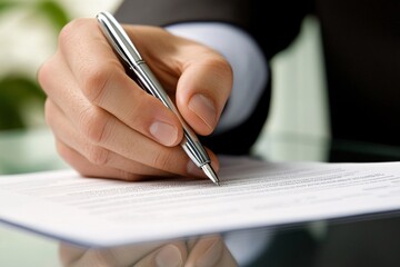Businessperson signing a contract in a bright office, close-up, focus on hand holding a pen, business attire, paperwork with personal details on the desk 2
