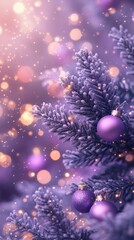 Fototapeta premium Lavender bokeh background with christmas tree ornaments border