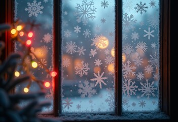 Winter night view through frosted glass with snowflakes and glowing holiday lights outside