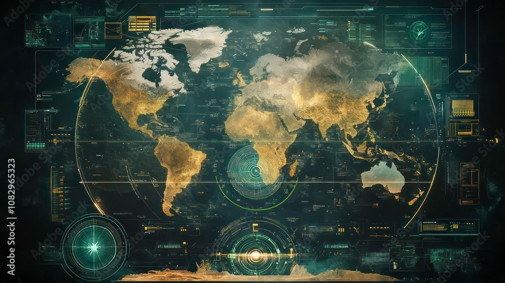 Poster Futuristic digital interface with a world map and various data displays.