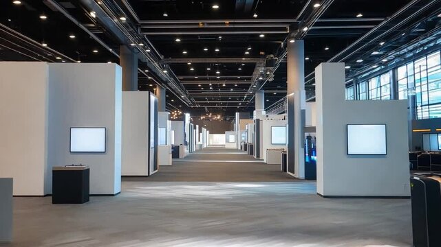 An expansive exhibition hall features rows of blank display panels in preparation for an upcoming major business event in the city