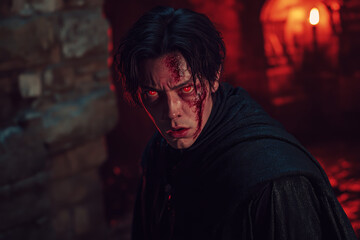 Fototapeta premium Fierce Vampire with Red Eyes in Dark Setting