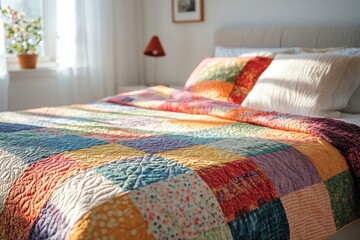home decor ideas, colorful quilt drapes bed in bright room, mirroring decors warm hues ideal for showcasing text