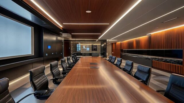 A well designed conference room featuring a large table, comfortable seating, and high tech amenities in a sleek environment